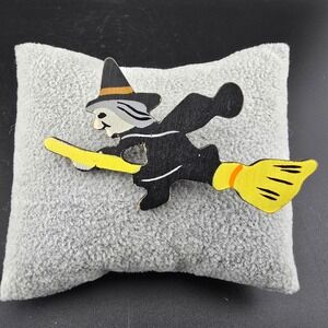 Vintage Halloween Wood Flying Witch on Broom Pin Brooch